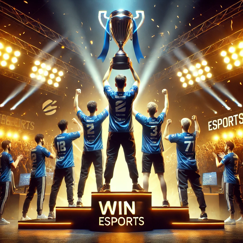 Equipo de esports celebrando su victoria en el escenario, sosteniendo un trofeo, con luces brillantes y una multitud animada en el fondo.