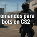 Imagen estilo CS2 con bot antiterrorista armado en zona industrial y texto "Comandos para bots en CS2".