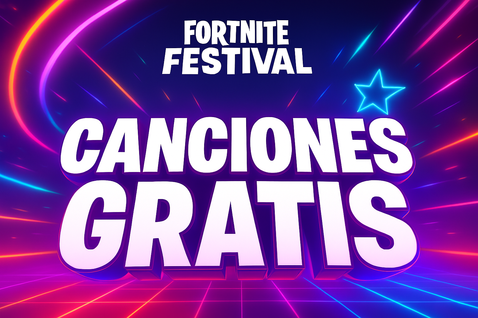 Imagen de cabecera de Fortnite Festival con “Canciones Gratis” en 3D sobre fondo neón moderno y vibrante.