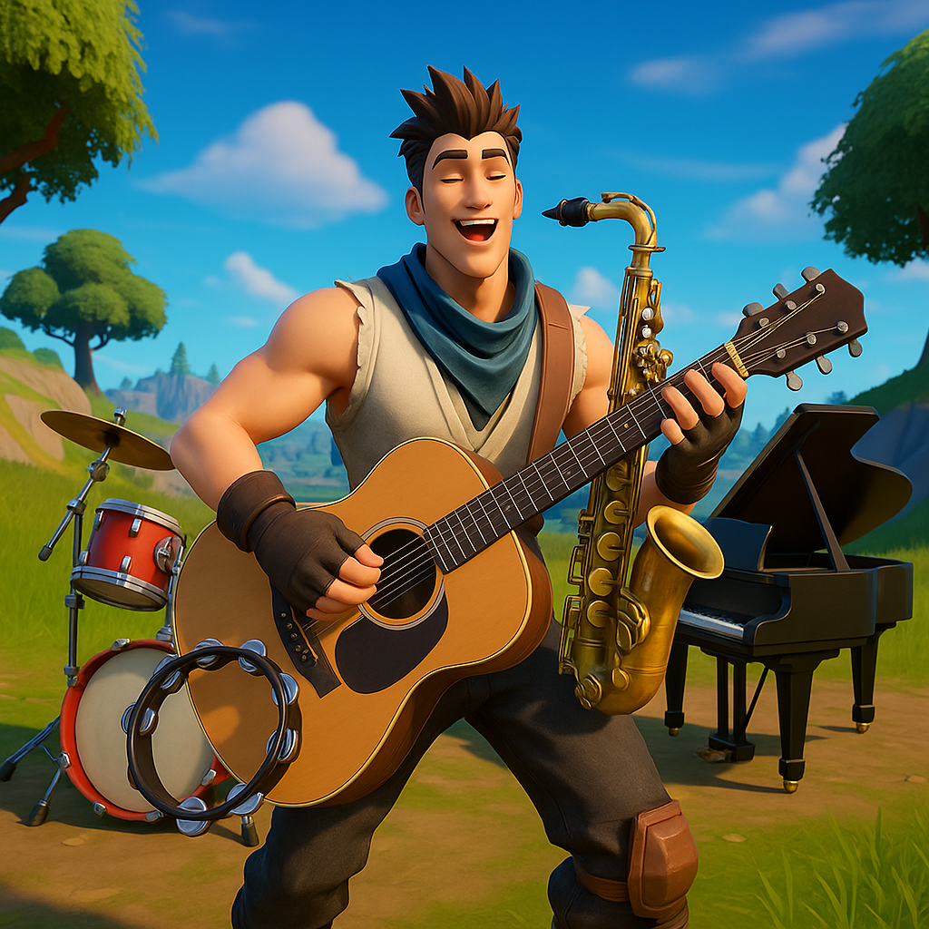 Imagen de un personaje de Fortnite tocando instrumentos musicales en un escenario dentro del juego.