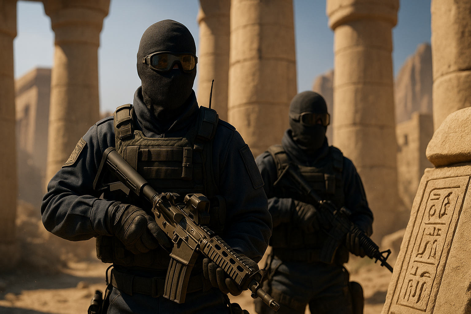 Dos agentes tácticos de Counter-Strike 2 patrullando entre ruinas egipcias antiguas con armas en mano.