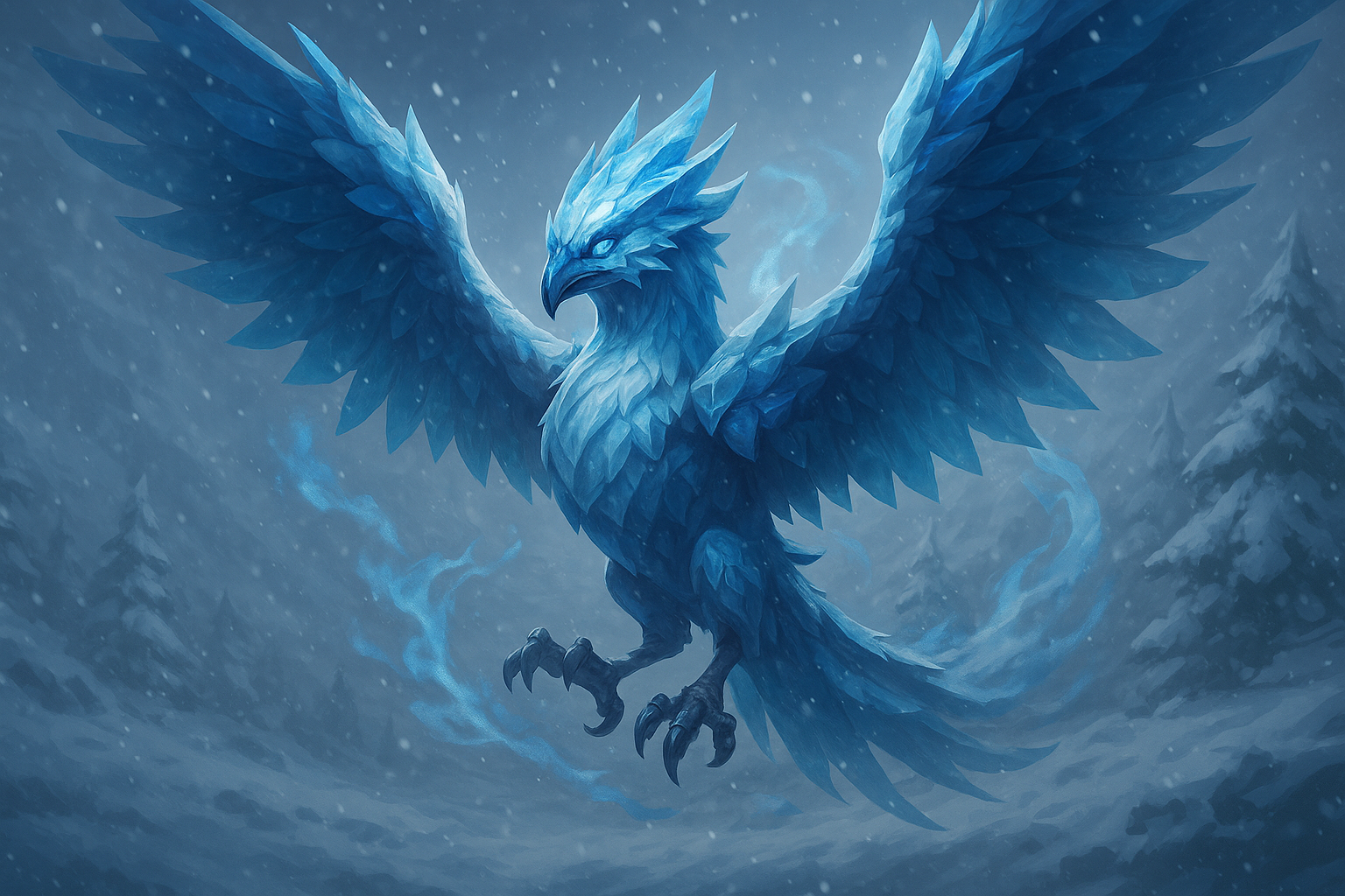 Ilustración digital de Anivia volando entre la nieve con un aura helada, inspirada en League of Legends.