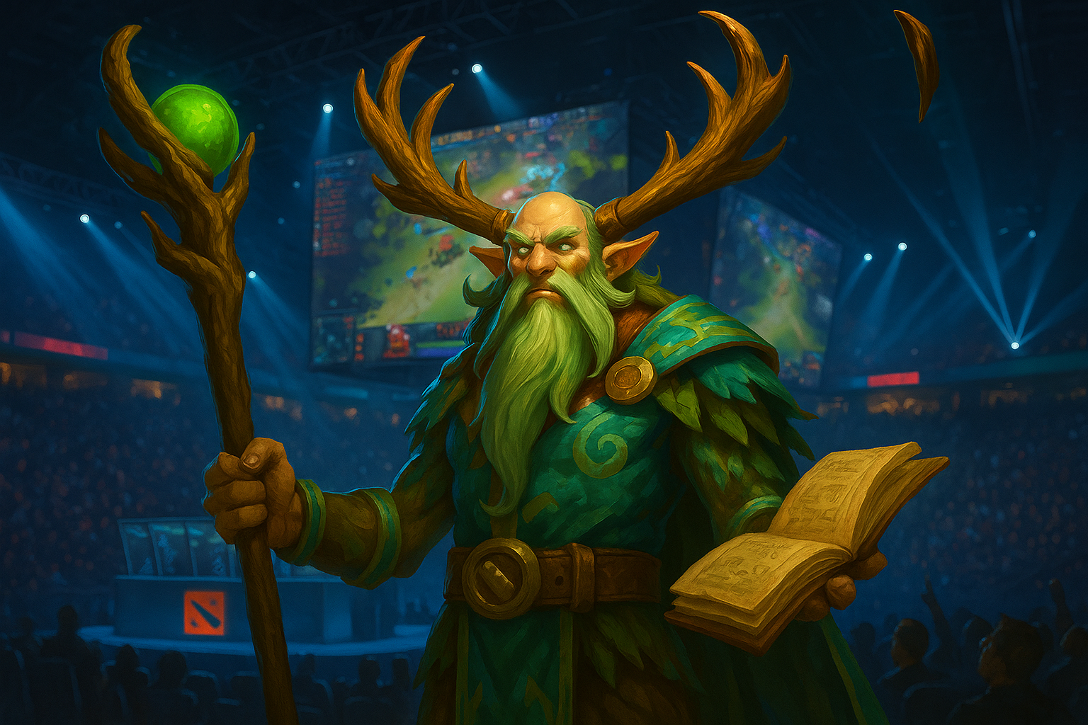 Nature’s Prophet en un estadio de esports durante torneo de Dota 2 organizado por PGL, con pantallas gigantes y ambiente competitivo.