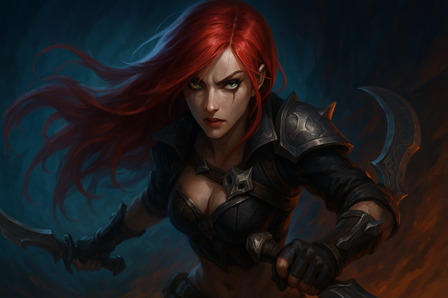 Ilustración digital de Katarina lista para atacar, con dagas en mano y mirada decidida.
