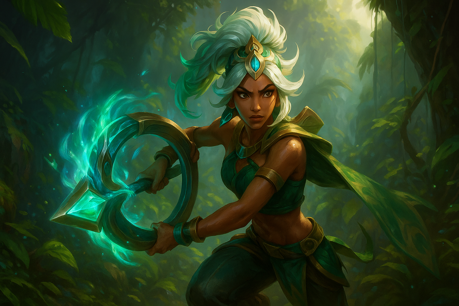 Campeona de LoL de Ixaocan empuñando un arma mágica en una jungla mística