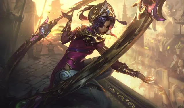 Qiyana en League of Legends, con su anillo elemental brillando entre vegetación mágica
