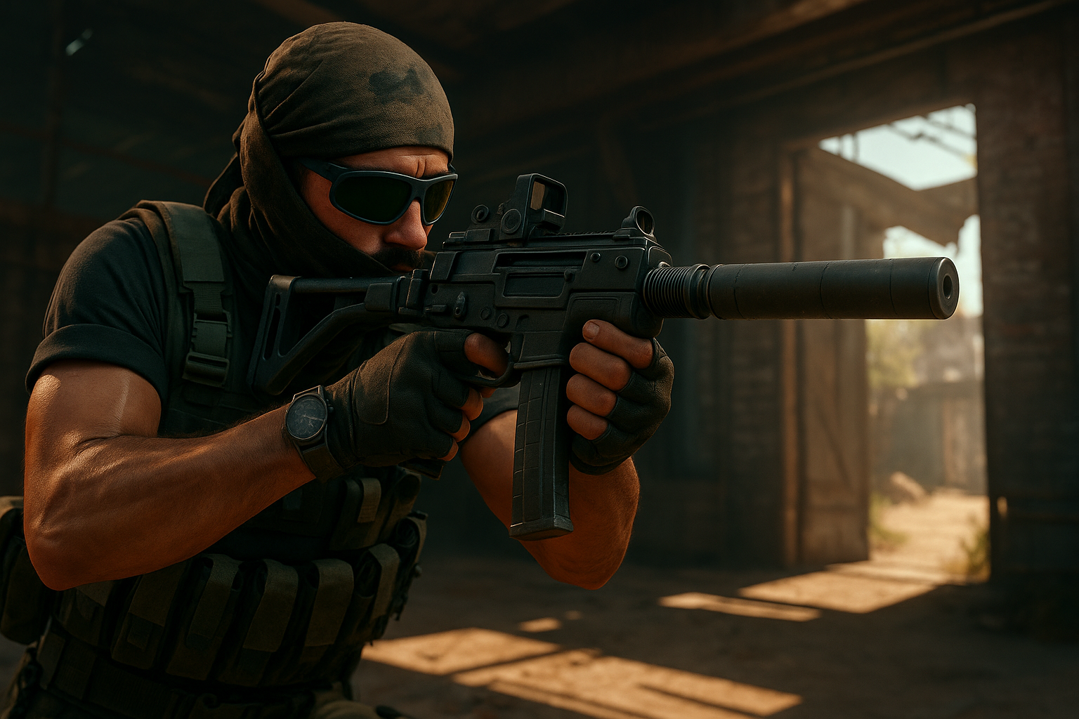 Soldado táctico apuntando con subfusil dentro de un edificio industrial, ambientado en shooter estilo Warzone o Black Ops.
