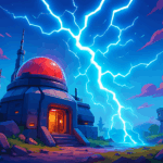 Base futurista iluminada por rayos en un paisaje estilo Fortnite, con cielo celeste y detalles sci-fi.