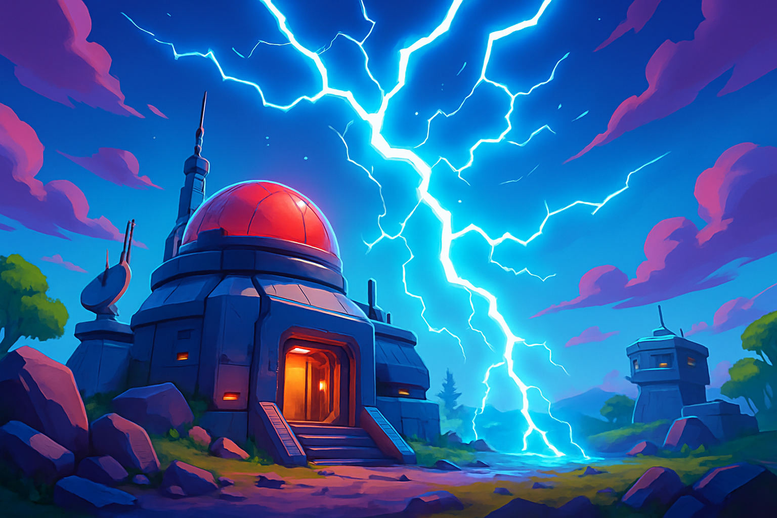 Base futurista iluminada por rayos en un paisaje estilo Fortnite, con cielo celeste y detalles sci-fi.