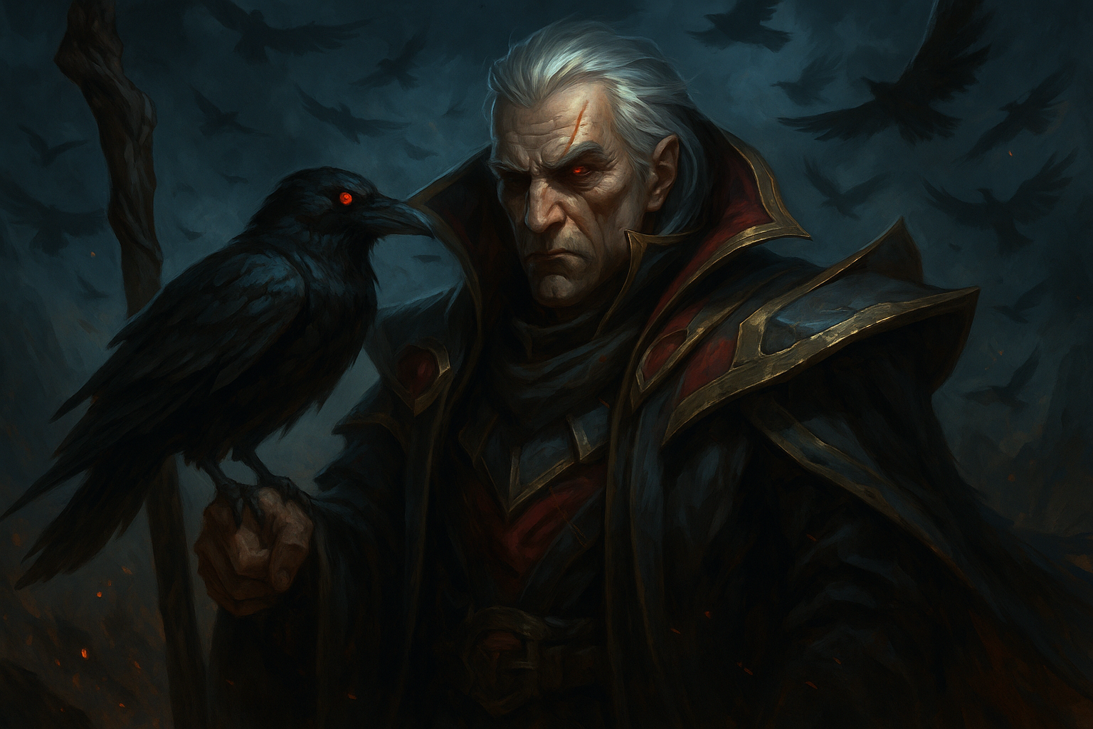 Anciano hechicero con cuervo en un paisaje oscuro y tormentoso inspirado en League of Legends