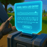 Pantalla holográfica en Fortnite con entrada de datos Rebelde