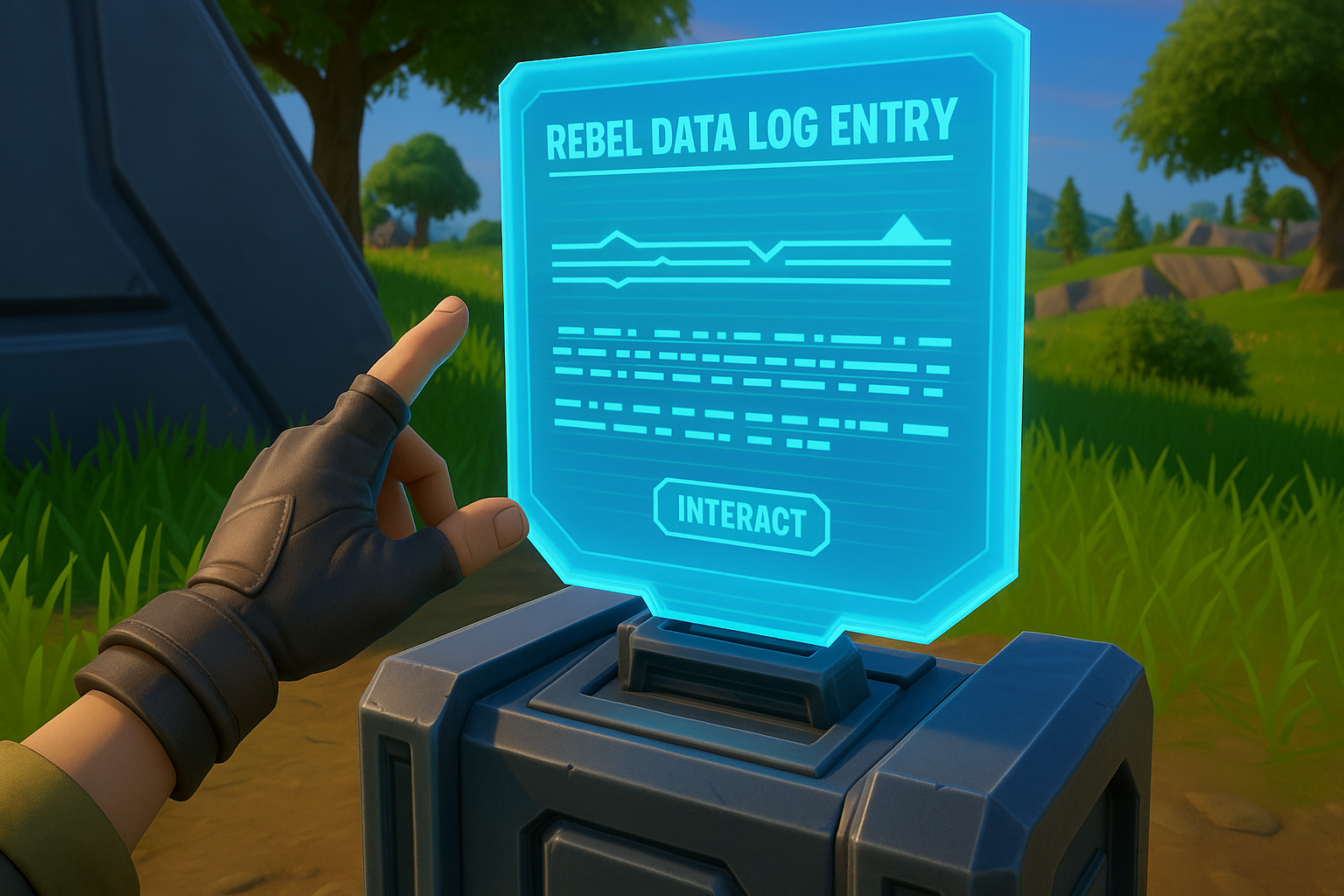 Pantalla holográfica en Fortnite con entrada de datos Rebelde