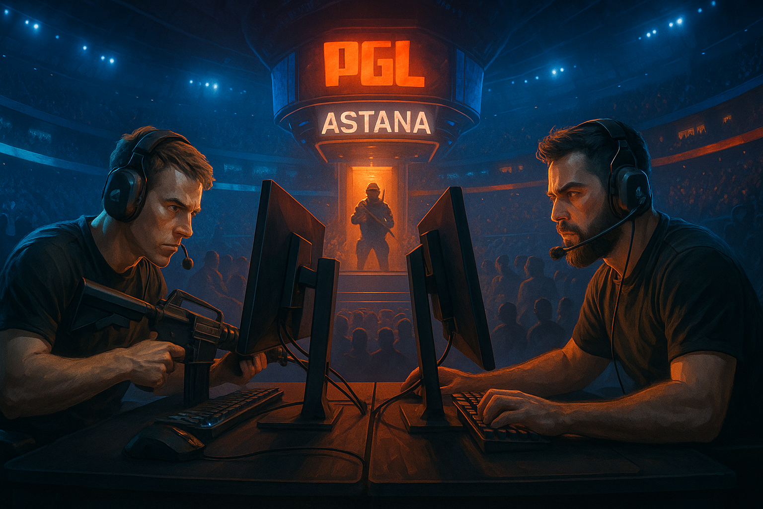 Jugadores de CS2 compitiendo en el torneo PGL Astana 2025 en una arena llena de público