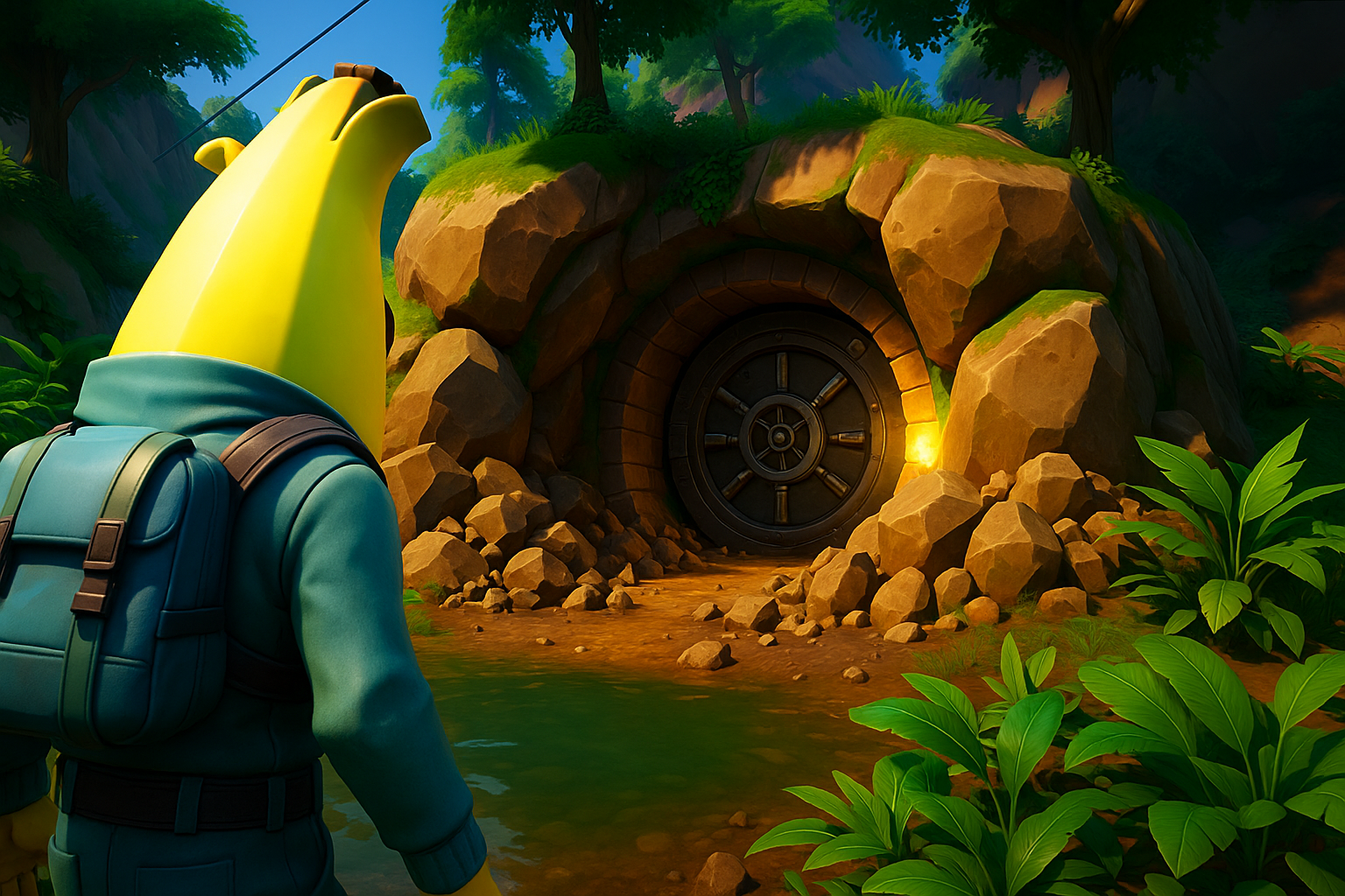 Bóveda secreta en Fortnite con cofres y barriles Slurp escondida en un acantilado.
