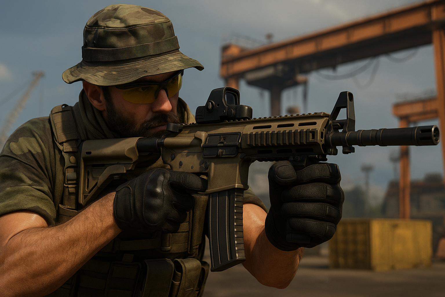 Soldado apuntando con fusil en entorno industrial en Warzone