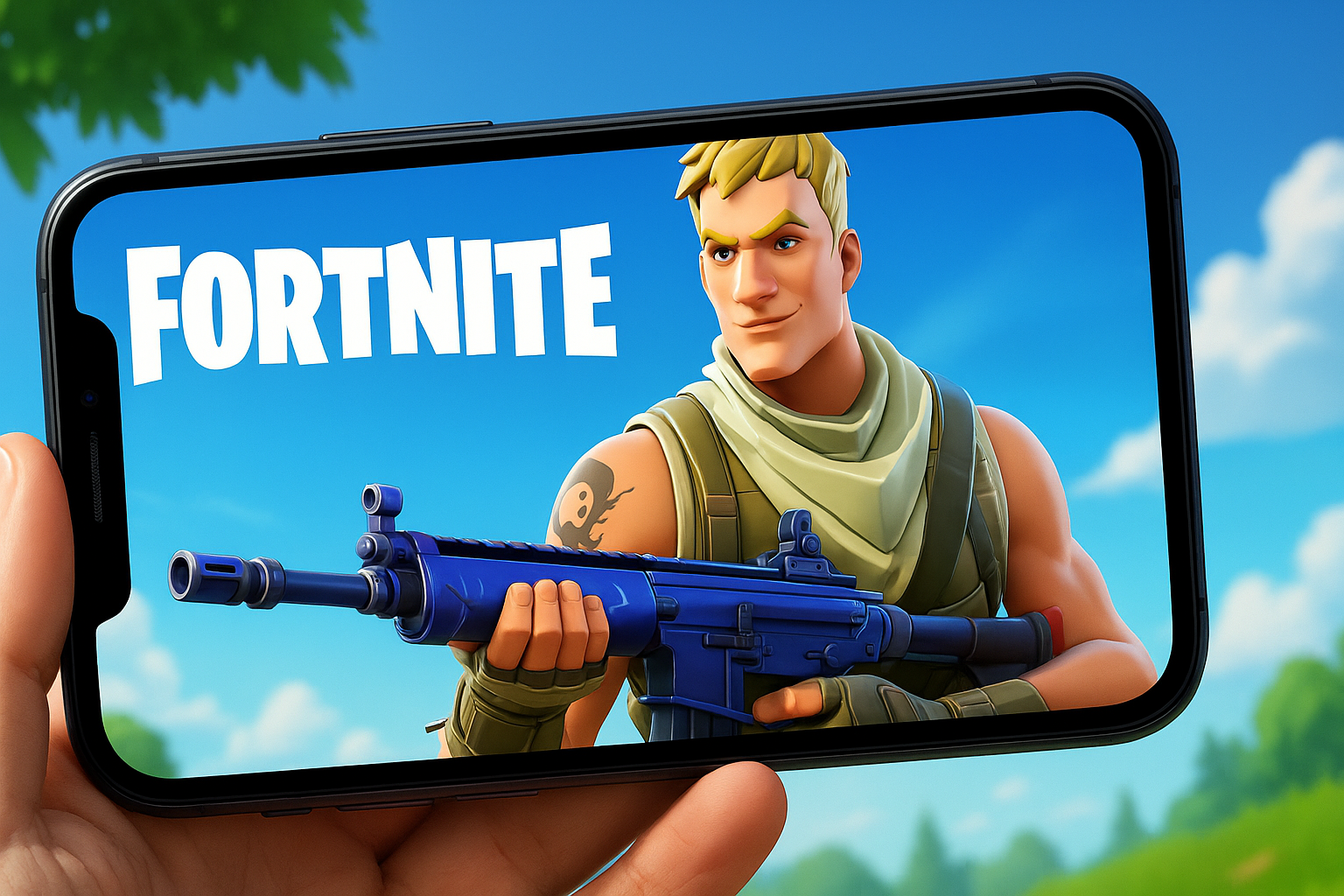 Imagen de alta calidad mostrando a un personaje de Fortnite en un teléfono móvil, representando el regreso del juego a iOS.