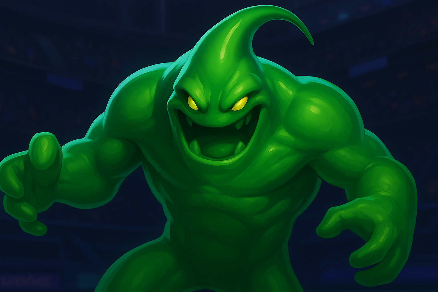 Campeón Zac de LoL con cuerpo verde gelatinoso en una arena de esports.