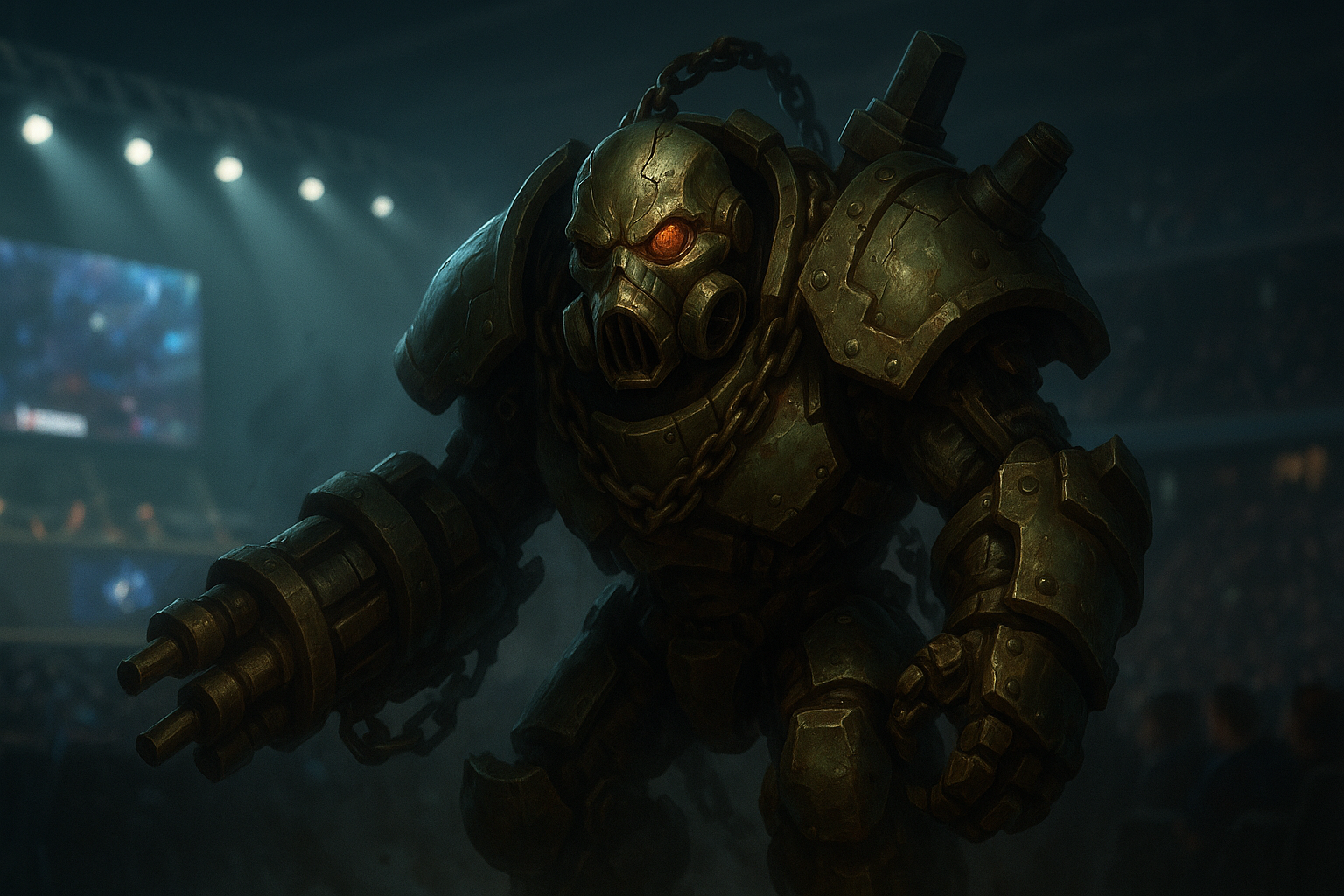 Urgot en una arena de esports, cubierto de metal y cadenas, con mirada intimidante.