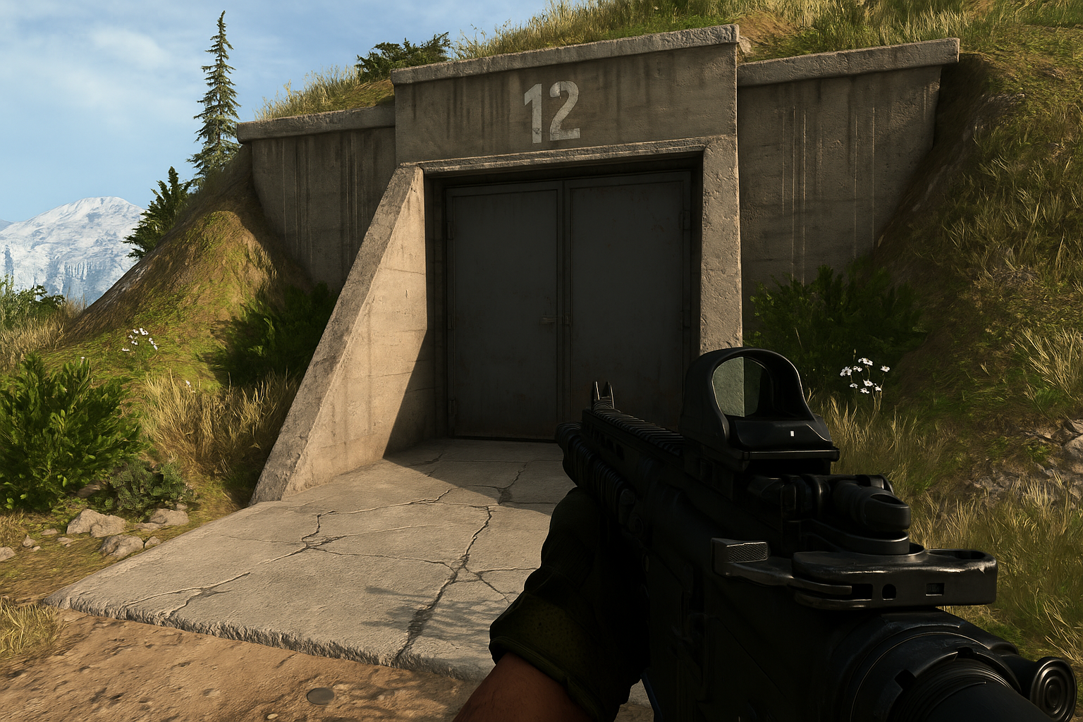 Entrada de un búnker en Verdansk vista en primera persona con fusil apuntando.