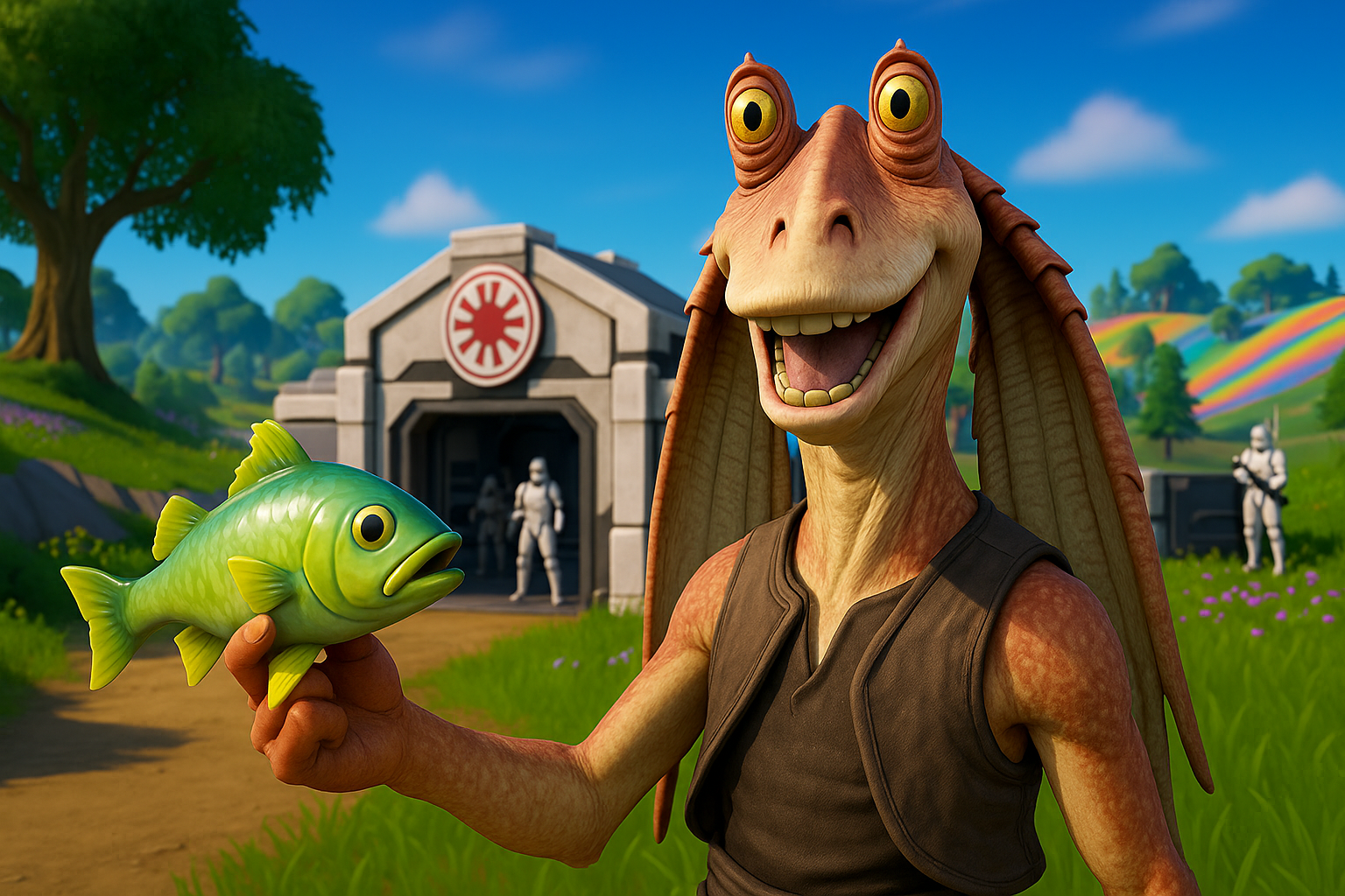 Jar Jar Binks sosteniendo un pez frente a un puesto de la República en Fortnite
