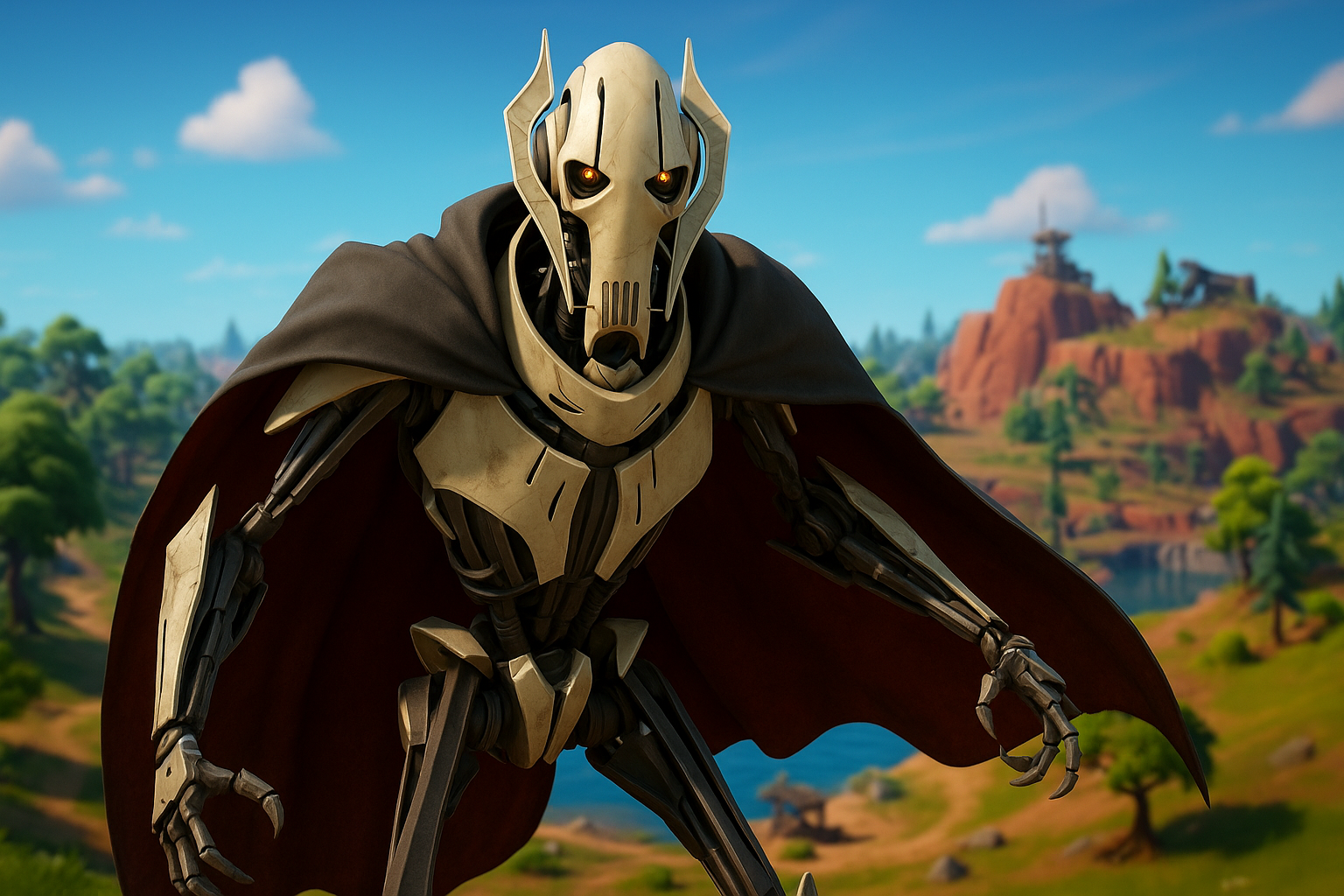 General Grievous con su capa roja sobre un paisaje de Fortnite en el capítulo 6