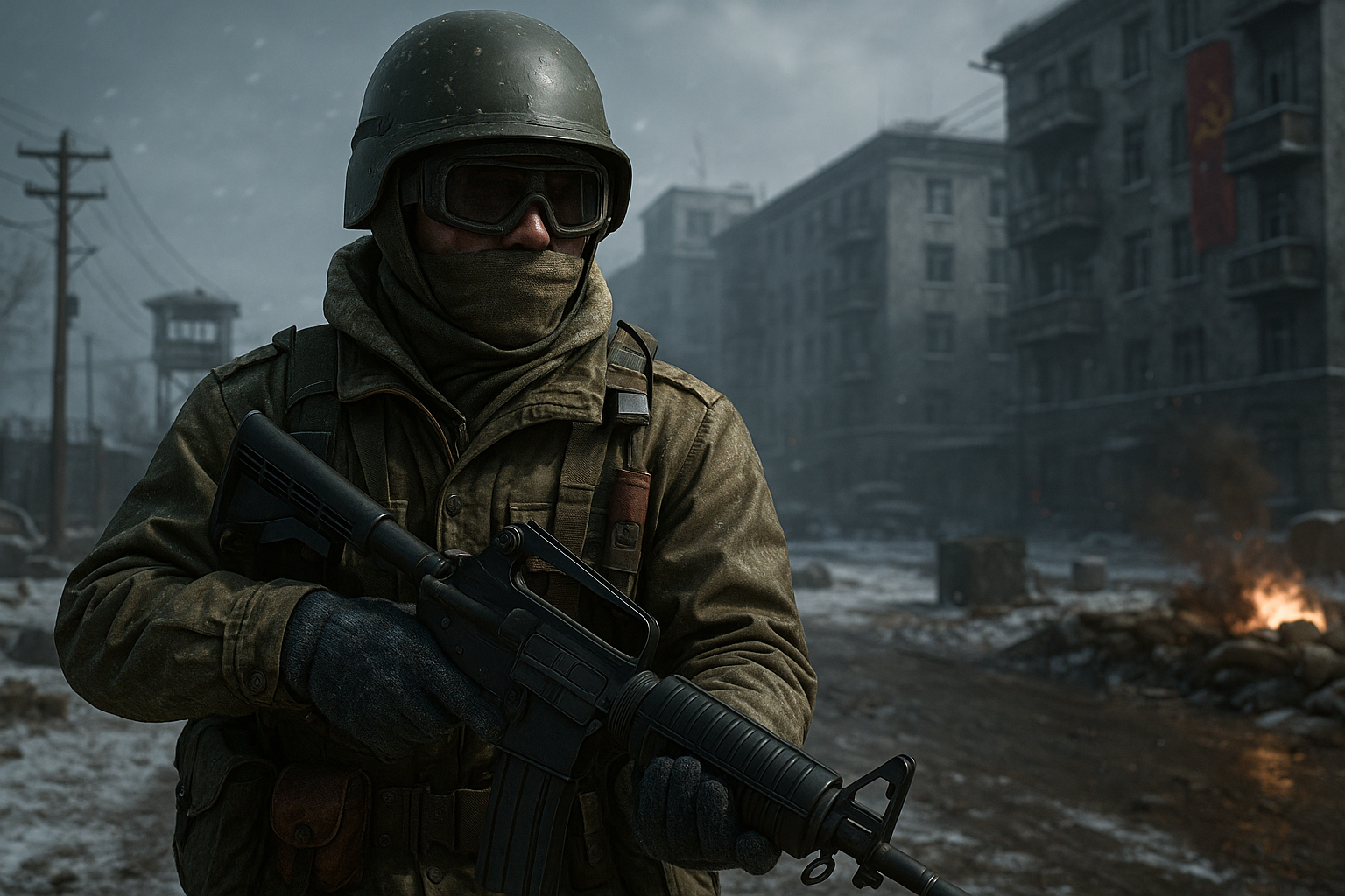 Soldado preparado en zona soviética nevada en BO6