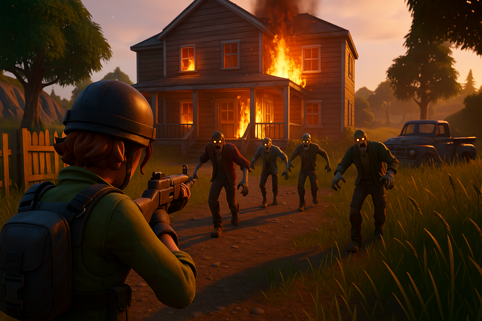 Personaje de Fortnite disparando a zombis frente a una casa en llamas