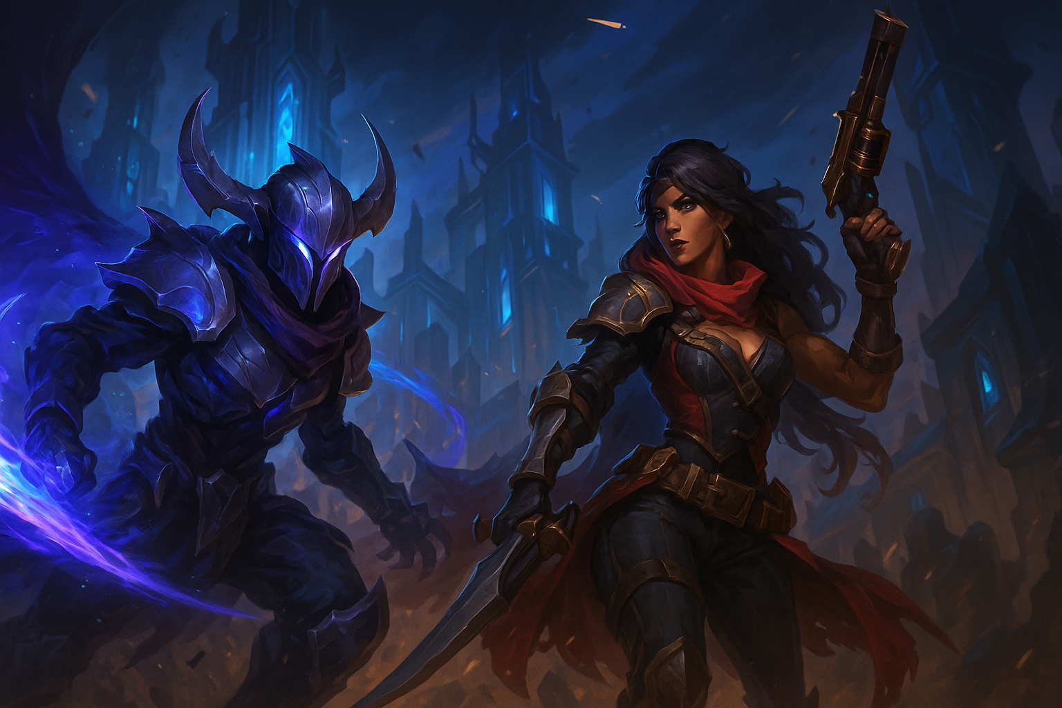 Kassadin y Samira listos para el combate en una ciudad futurista