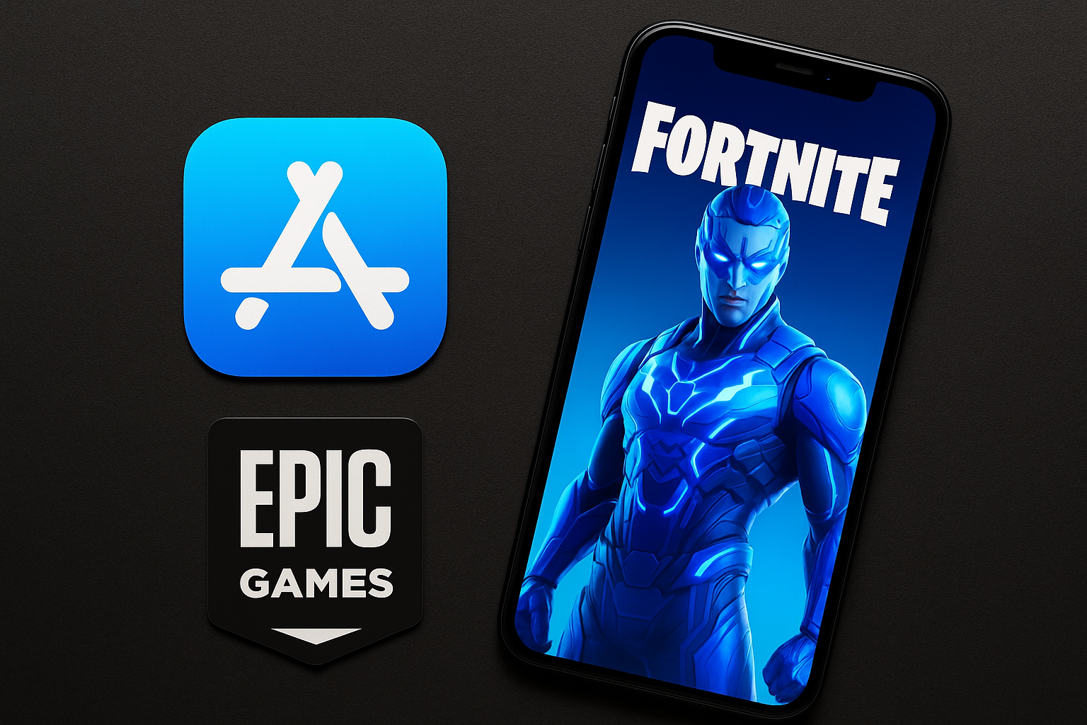 Fortnite en iPhone junto a logos de App Store y Epic Games