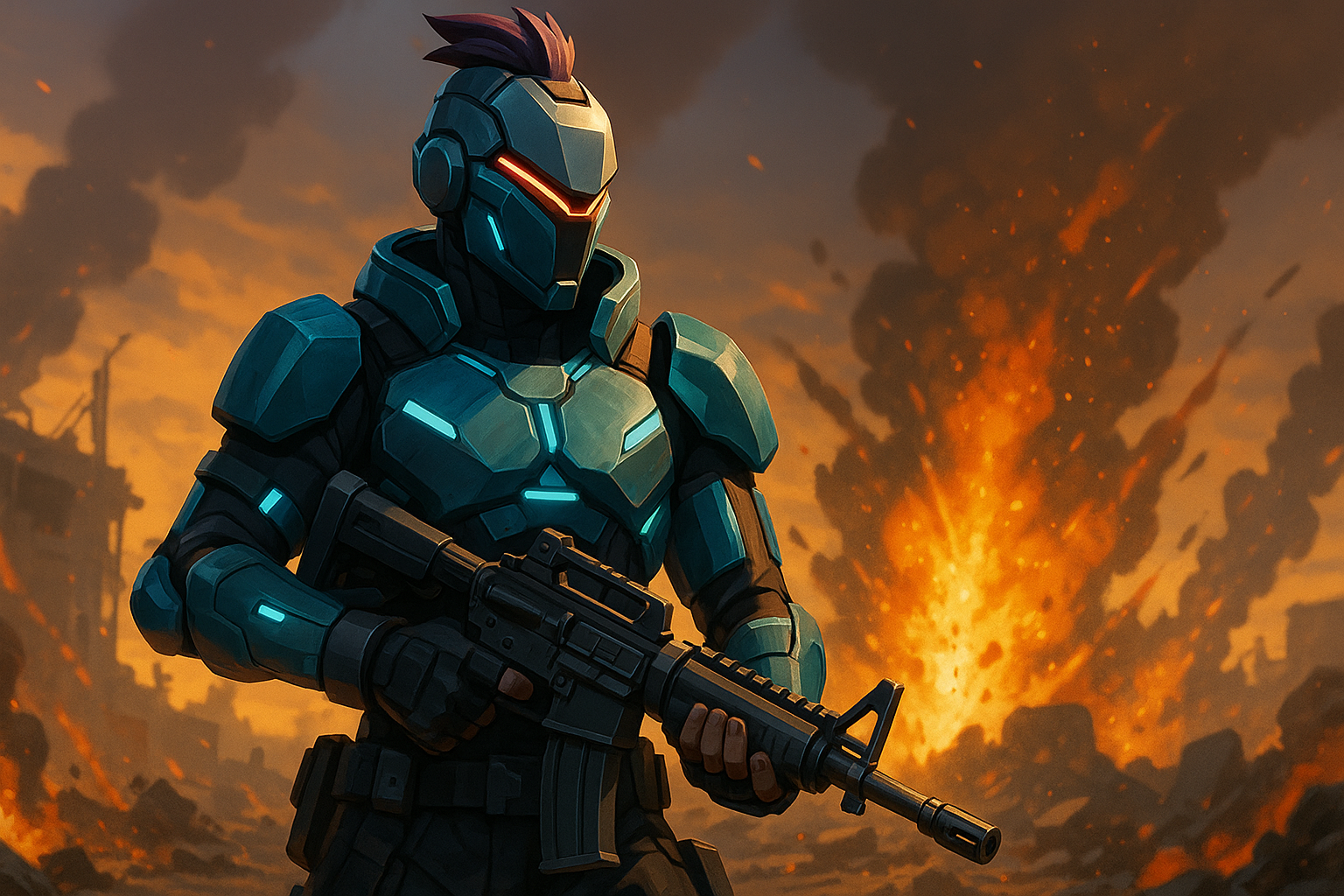 Ilustración digital de un guerrero futurista en un campo de batalla, con armadura de alta tecnología y un rifle de asalto, rodeado de explosiones.