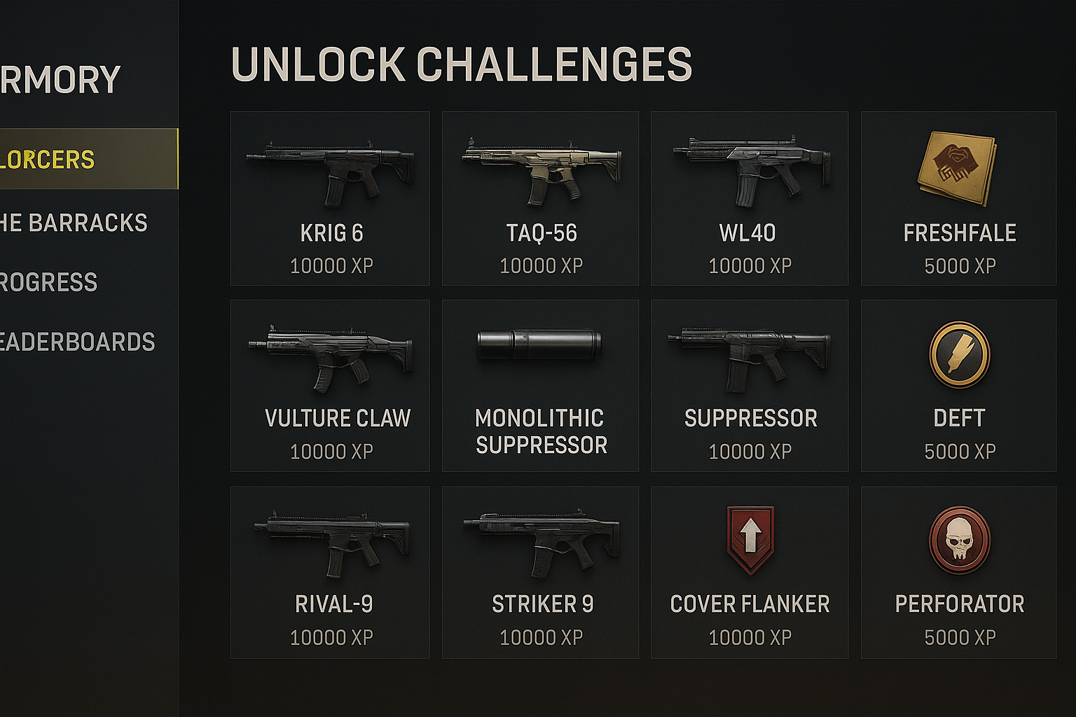 Captura de pantalla del menú de la Armería de "Call of Duty: Black Ops 6" y "Warzone", con opciones para desbloquear armas y accesorios mediante desafíos de XP.