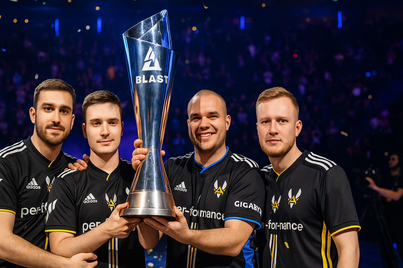 Fotografía digital de alta resolución mostrando a cuatro jugadores de Team Vitality sosteniendo un trofeo con el logo de BLAST en un escenario, con una multitud emocionada al fondo.