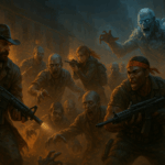 Pintura digital de estilo semi-realista que muestra a cuatro sobrevivientes armados enfrentándose a una horda de zombis en un paisaje urbano destruido, con iluminación naranja del fuego contrastando con un zombi de hielo al fondo.