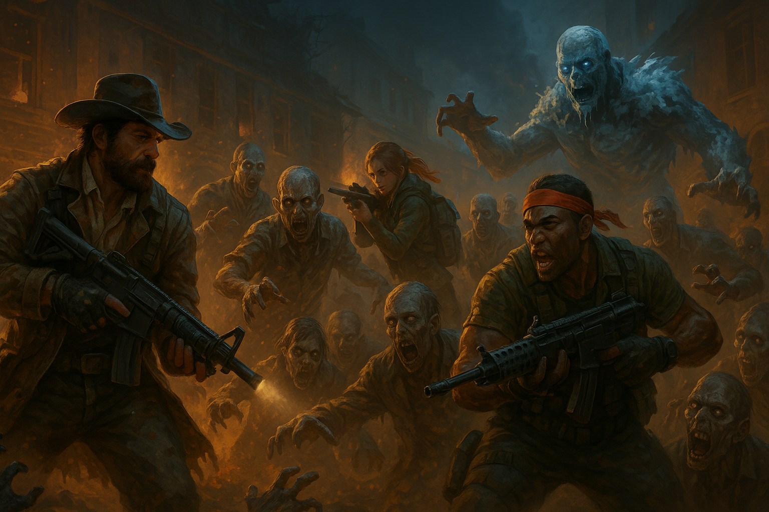 Pintura digital de estilo semi-realista que muestra a cuatro sobrevivientes armados enfrentándose a una horda de zombis en un paisaje urbano destruido, con iluminación naranja del fuego contrastando con un zombi de hielo al fondo.