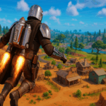 Imagen 3D de alta calidad mostrando al Mandaloriano volando con su jetpack, usando su armadura Beskar, sobrevolando un paisaje de un asentamiento en el desierto con edificios rústicos y un paisaje montañoso al fondo.