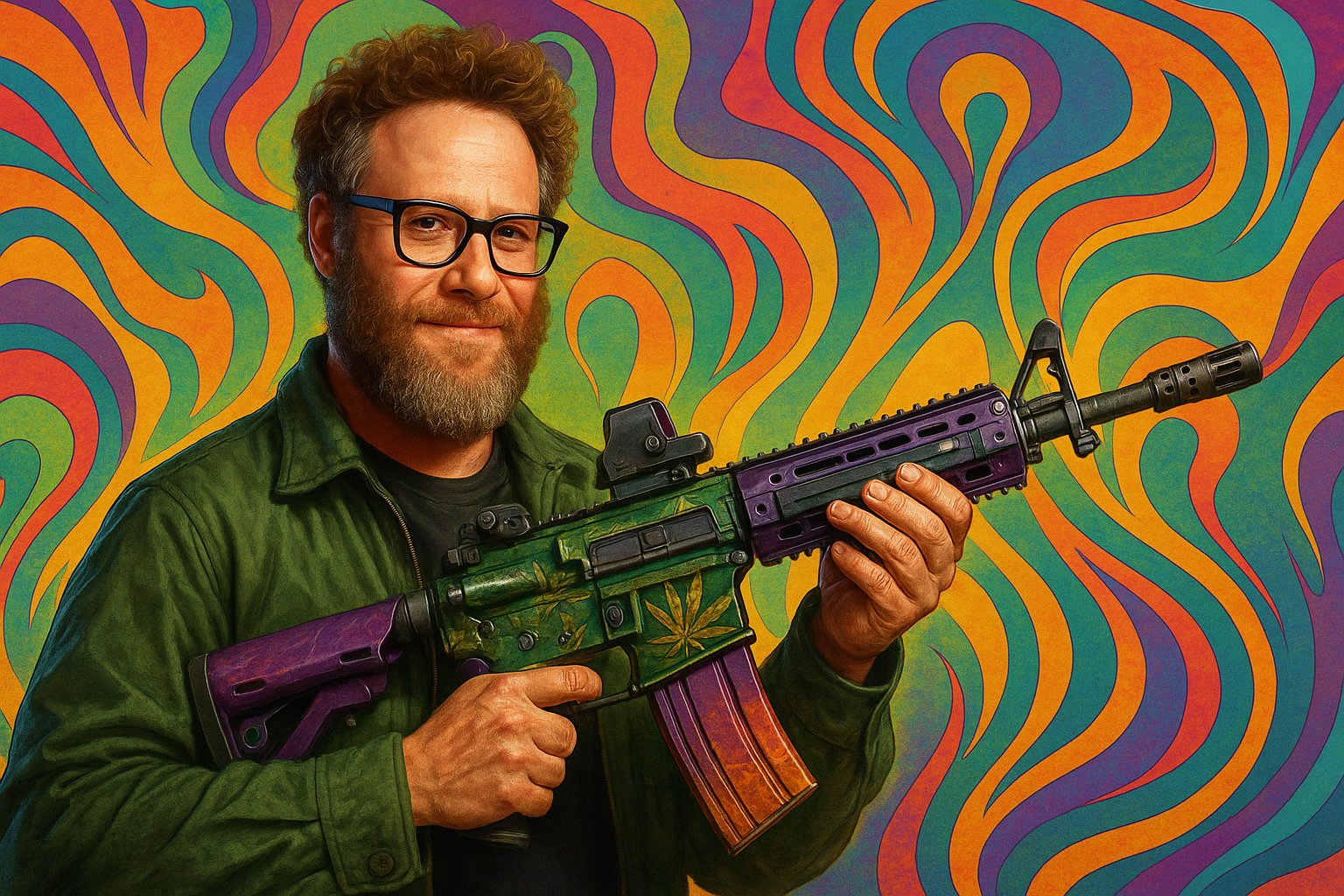 Seth Rogen con rifle personalizado frente a fondo psicodélico estilo cannabis, inspirado en evento de Warzone
