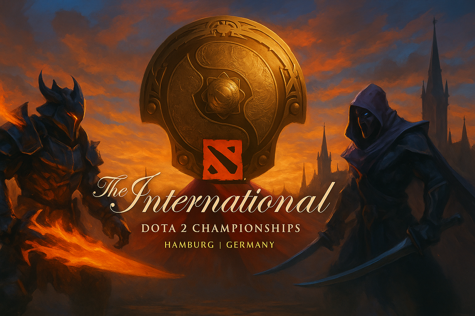 Guerreros de Dota 2 frente al Aegis dorado en Hamburgo al atardecer