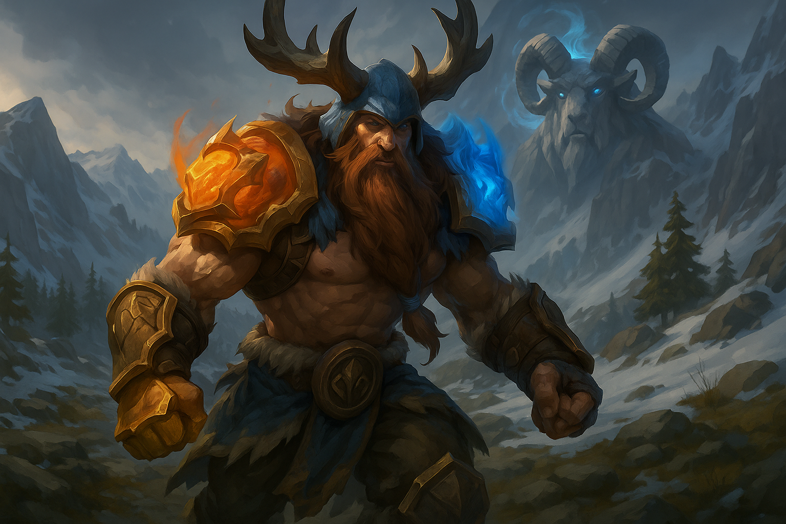 Guerrero con armadura elemental en paisaje nevado del Freljord