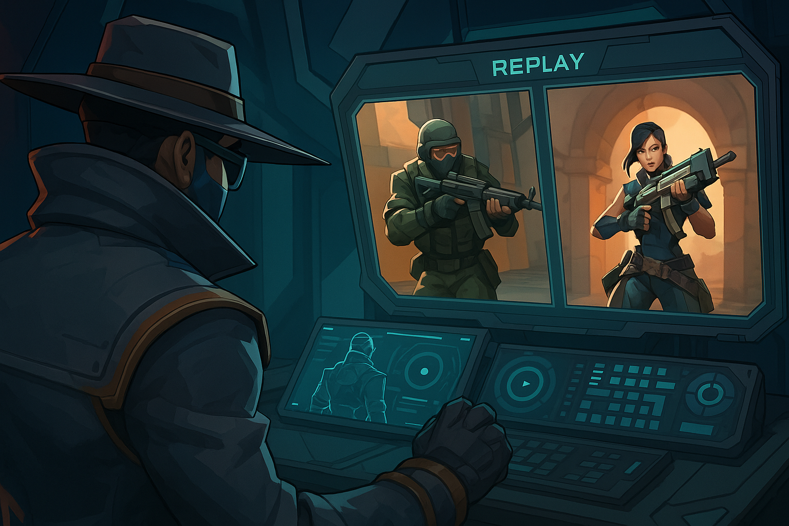 Operador táctico revisando repeticiones de combate en monitores futuristas