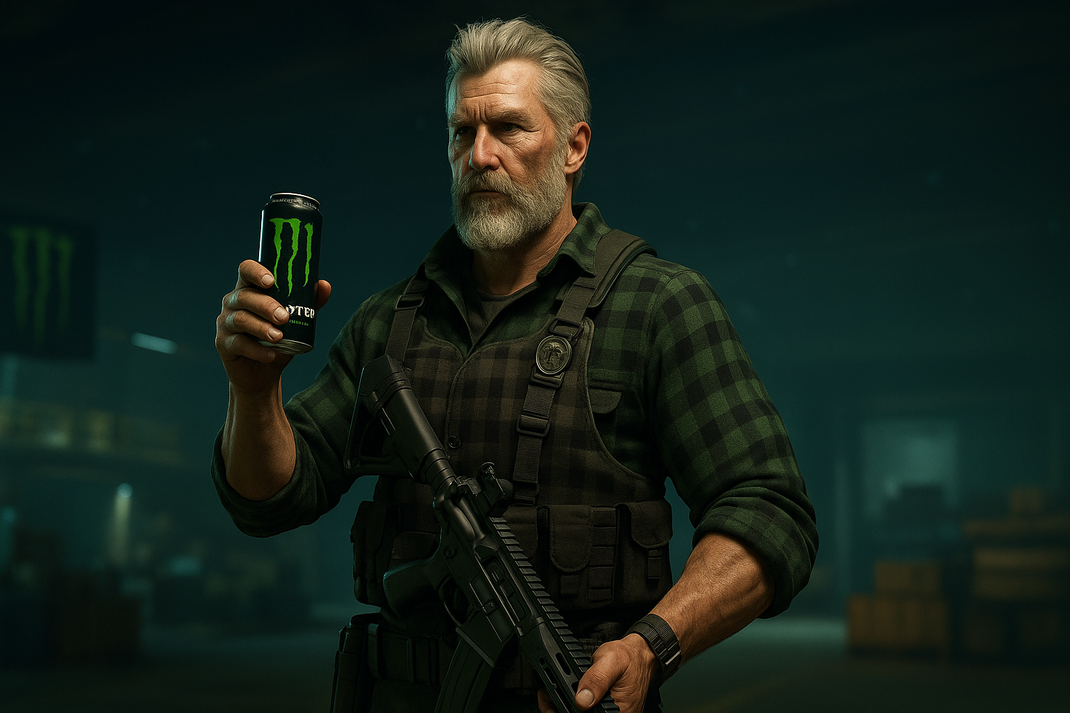 Skin de operador Monster Energy en Warzone con fondo industrial