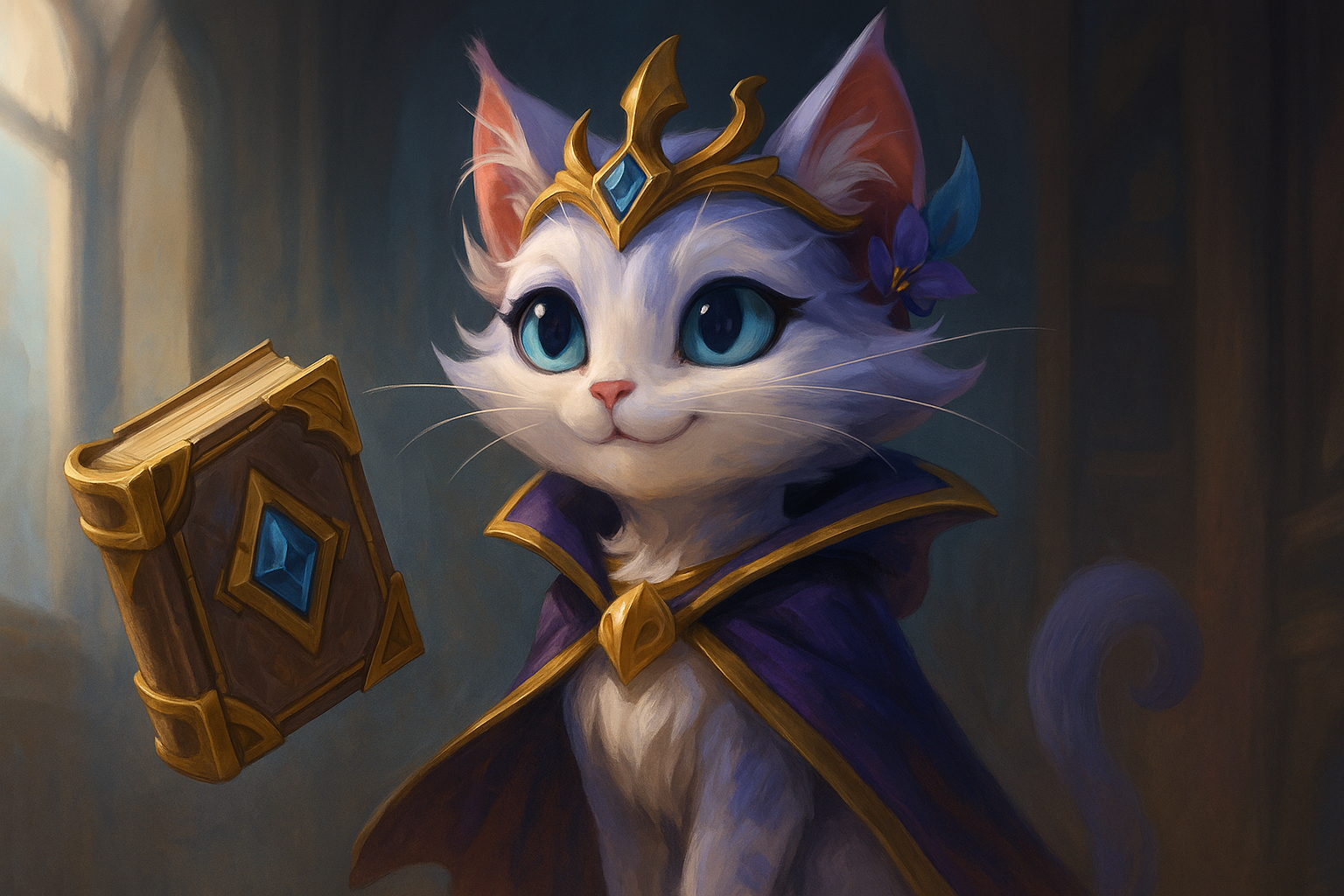 Yuumi con el Libro de los Umbrales en una escena mágica de LoL