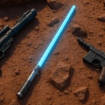 Armas galácticas en Fortnite: sable de luz y blásters sobre terreno desértico