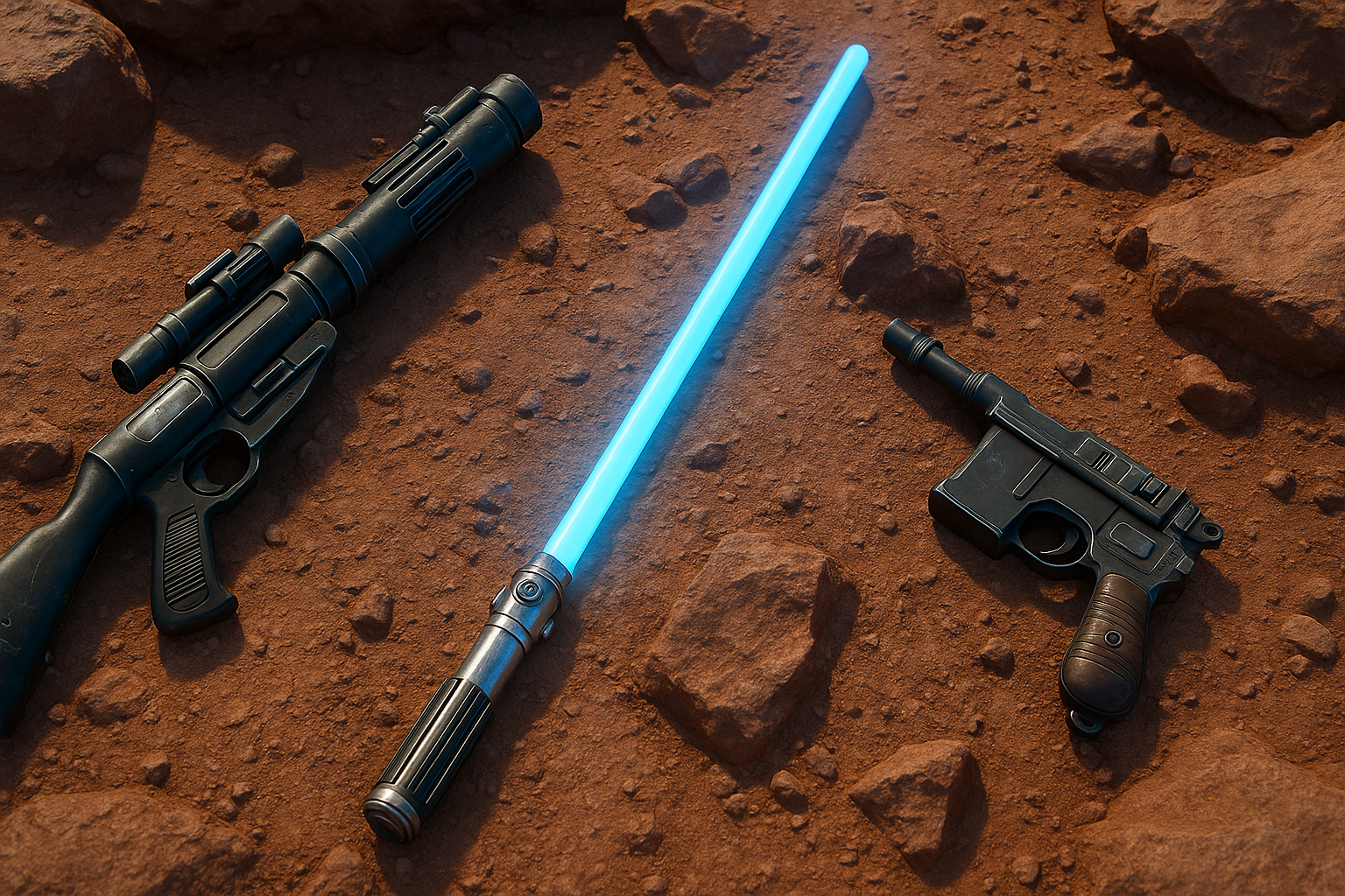 Armas galácticas en Fortnite: sable de luz y blásters sobre terreno desértico