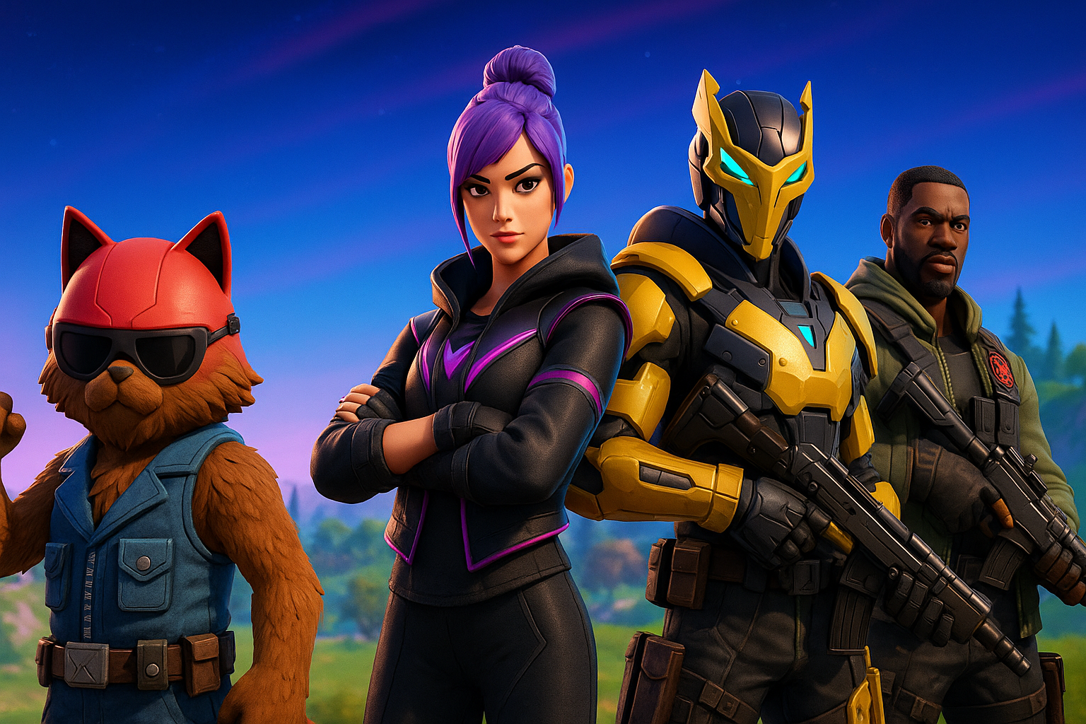 Cuatro personajes de Fortnite posando juntos en un paisaje futurista, listos para la batalla