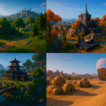 Mapa digital ilustrado de Fortnite con diversas ubicaciones temáticas, incluyendo bosques, bases futuristas y desiertos
