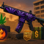Camuflaje animado de arma en evento Blaze of Glory de BO6, con hoja de marihuana, emblema de Battle Pass y caja de suministros