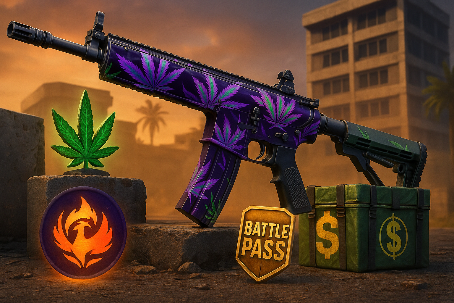 Camuflaje animado de arma en evento Blaze of Glory de BO6, con hoja de marihuana, emblema de Battle Pass y caja de suministros