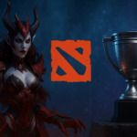 Heroína demoníaca de Dota 2 junto al trofeo del torneo y logo oficial en un fondo místico azul y púrpura