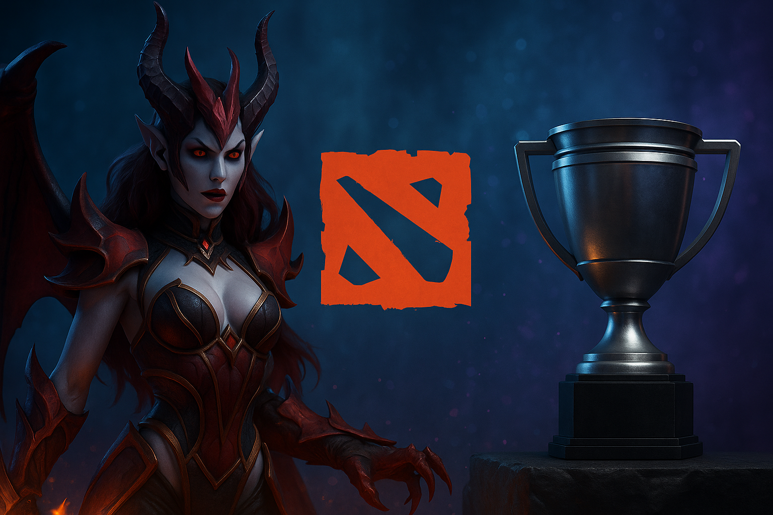 Heroína demoníaca de Dota 2 junto al trofeo del torneo y logo oficial en un fondo místico azul y púrpura