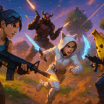 Personajes de Fortnite en plena batalla en un entorno animado y colorido, con armas y acción en movimiento